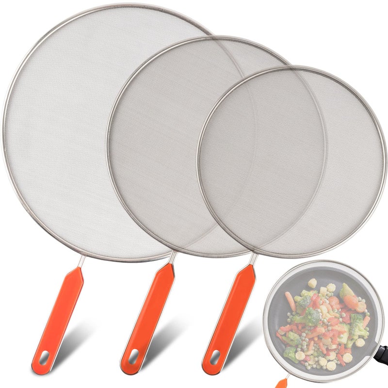 Roe & Moe Splatter Screens - Stainless Steel Splatter Screens for Frying Pan with Insulated Handles - Grease Splatter Guards For Frying Pan that Lets You Create Masterpieces with Ease (Pack of 3) - Image 1